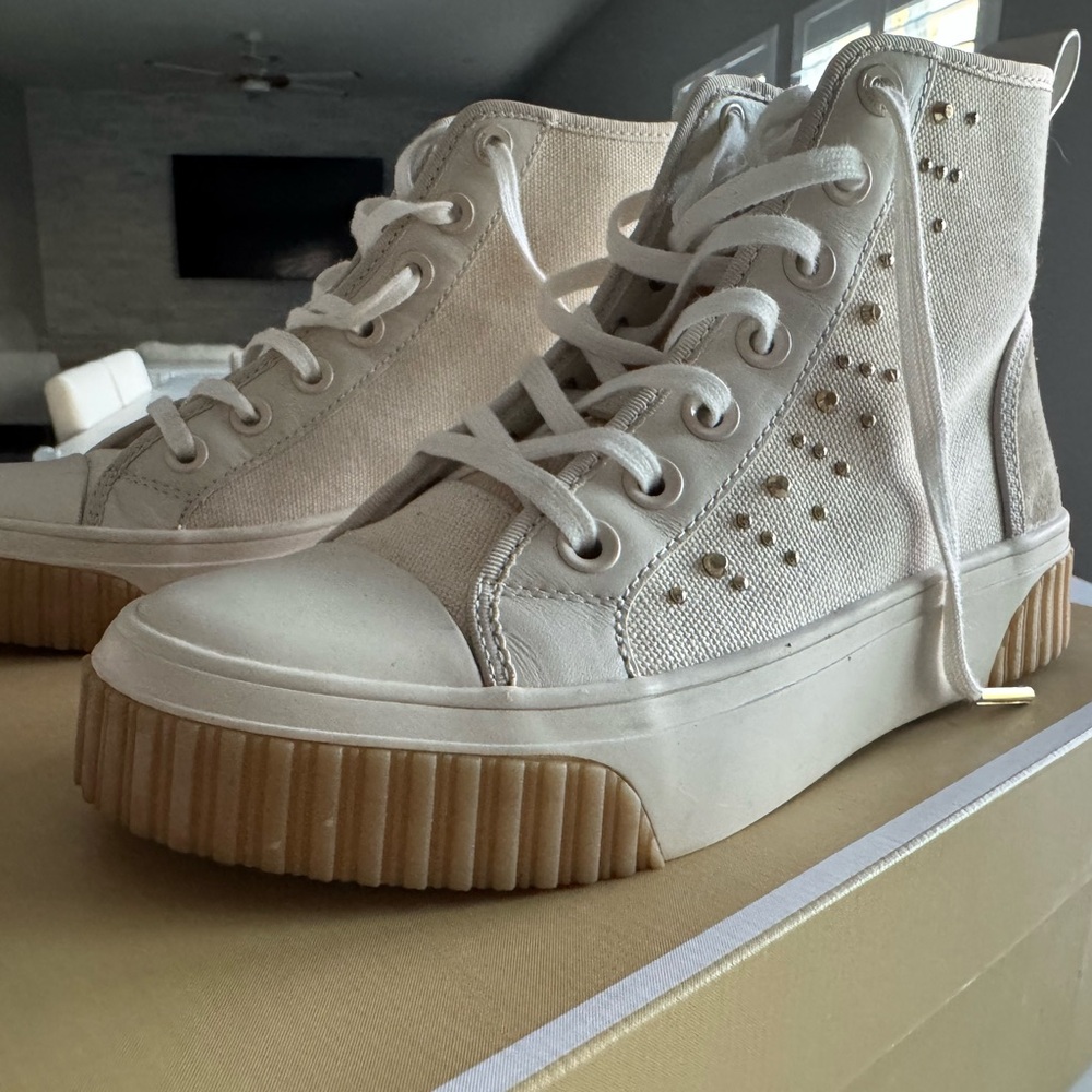 Michael Kors White and Tan High-Top Sneakers